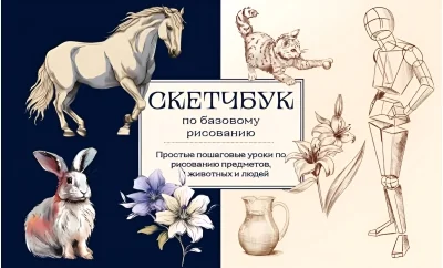Обложка книги «Скетчбук по базовому рисованию. Простые пошаговые уроки по рисованию предметов, животных и людей»