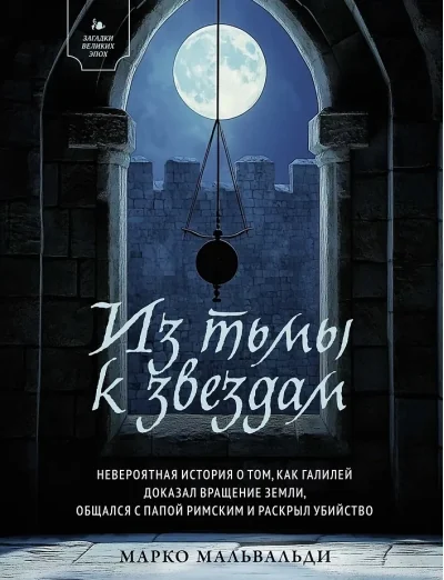 Обложка книги «Из тьмы к звездам. Невероятная история о том, как Галилей доказал вращение Земли, общался с Папой Римским и раскрыл убийство»