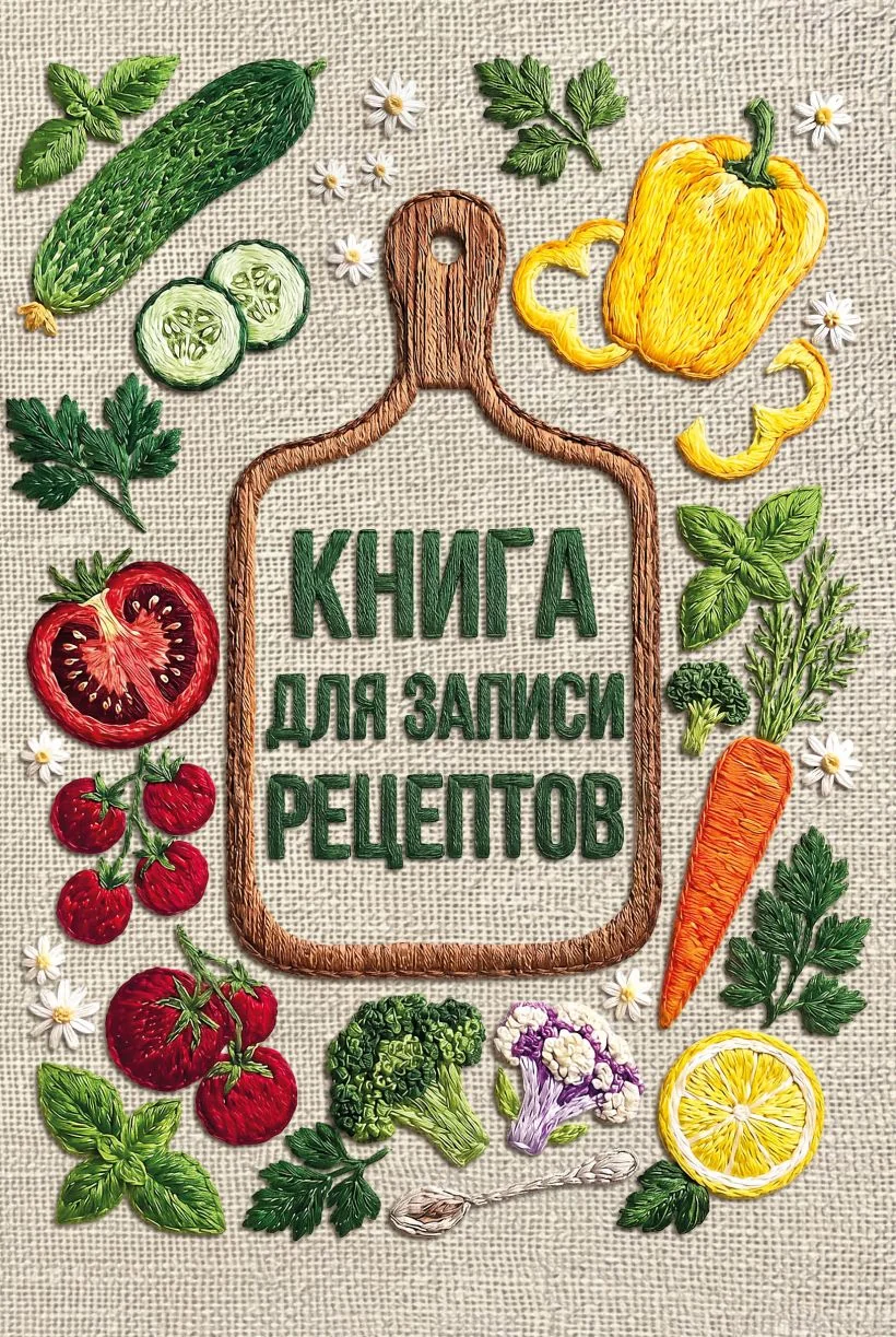 Обложка книги «Книга для записи рецептов (А5, вышитые гладью овощи)»